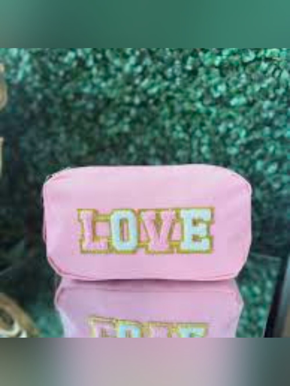 Pink Cosmetic Bag Featuring "LOVE" In Chenille Letters With Gold Glitter NWT